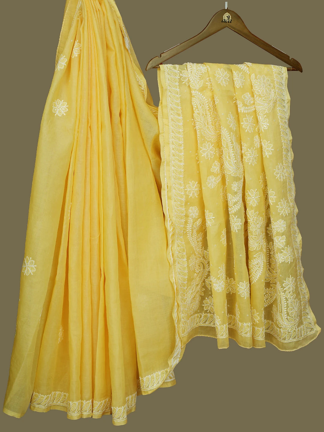 Ada Hand Embroidered Yellow Cotton Lucknowi Chikankari Saree With Blouse With Sequinned Work 01A583382