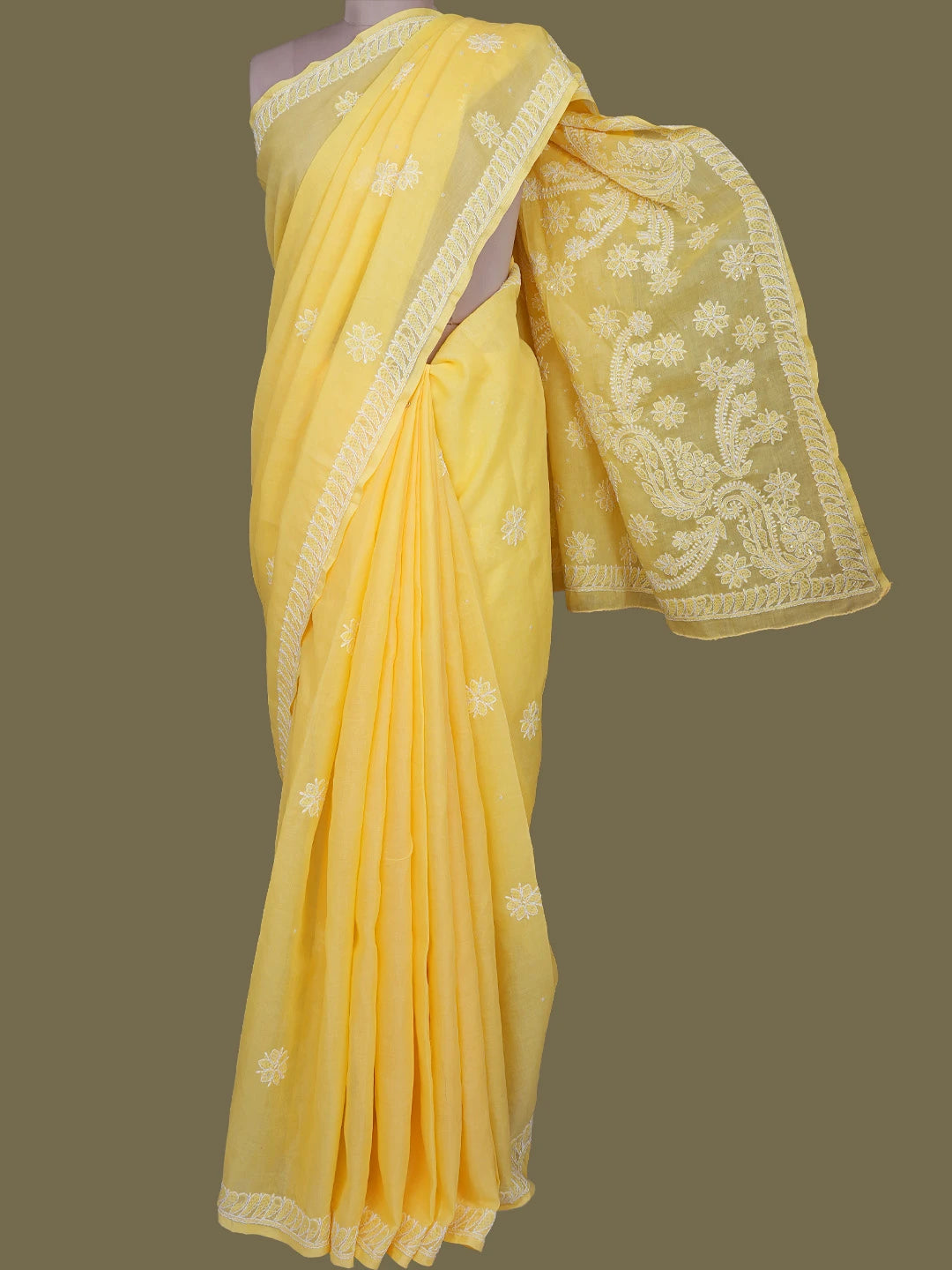 Ada Hand Embroidered Yellow Cotton Lucknowi Chikankari Saree With Blouse With Sequinned Work 01A583382