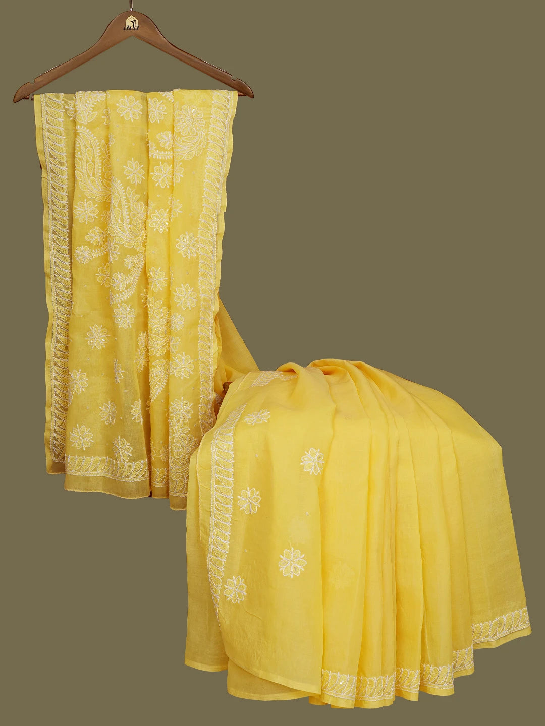 Ada Hand Embroidered Yellow Cotton Lucknowi Chikankari Saree With Blouse With Sequinned Work 01A583382