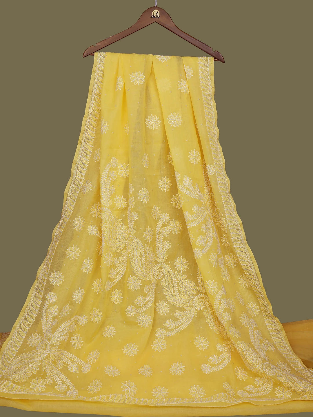 Ada Hand Embroidered Yellow Cotton Lucknowi Chikankari Saree With Blouse With Sequinned Work 01A583382