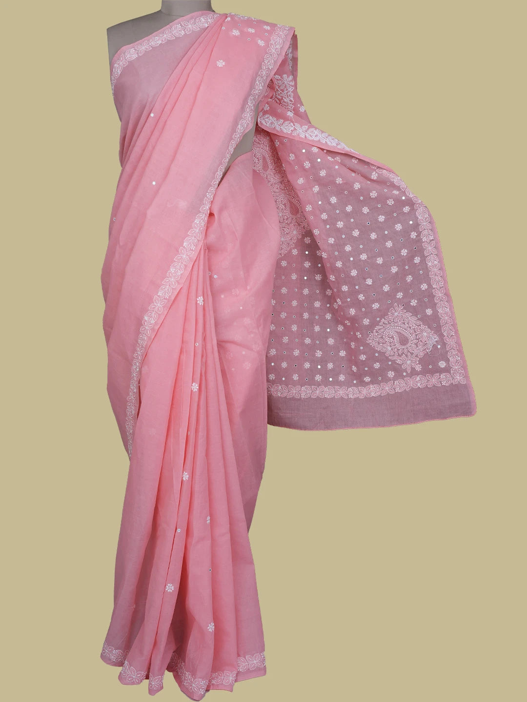 Ada Hand Embroidered Peachy Pink Cotton Lucknowi Chikankari Saree With Blouse With Pearl Work 01A584388