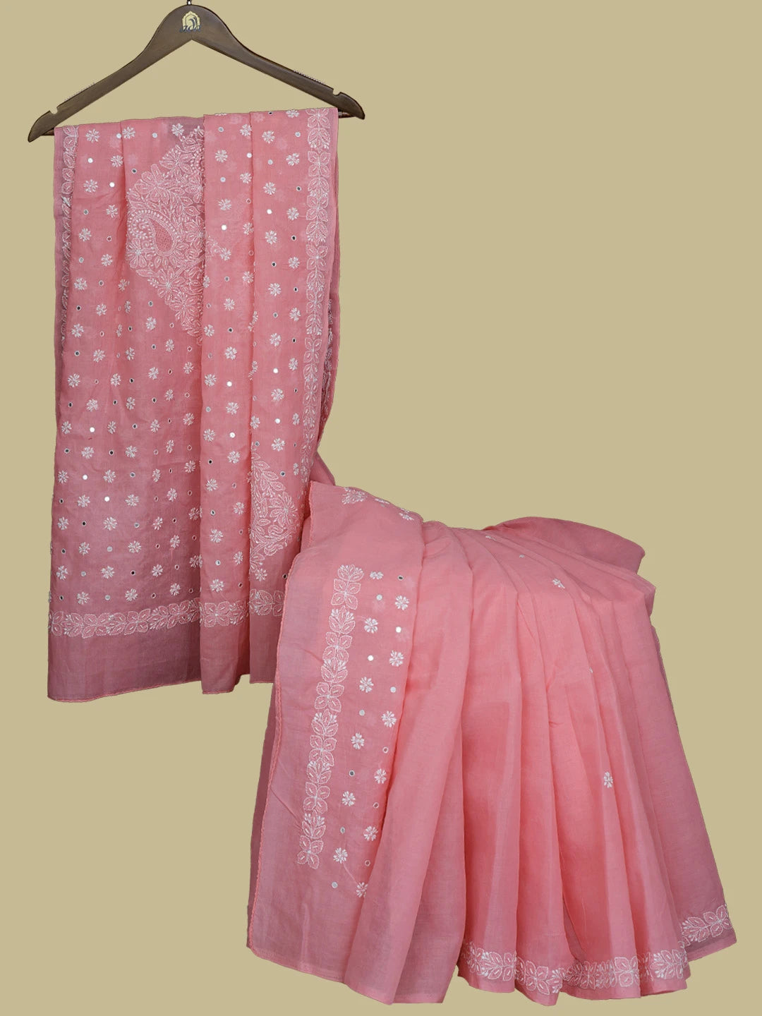 Ada Hand Embroidered Peachy Pink Cotton Lucknowi Chikankari Saree With Blouse With Pearl Work 01A584388