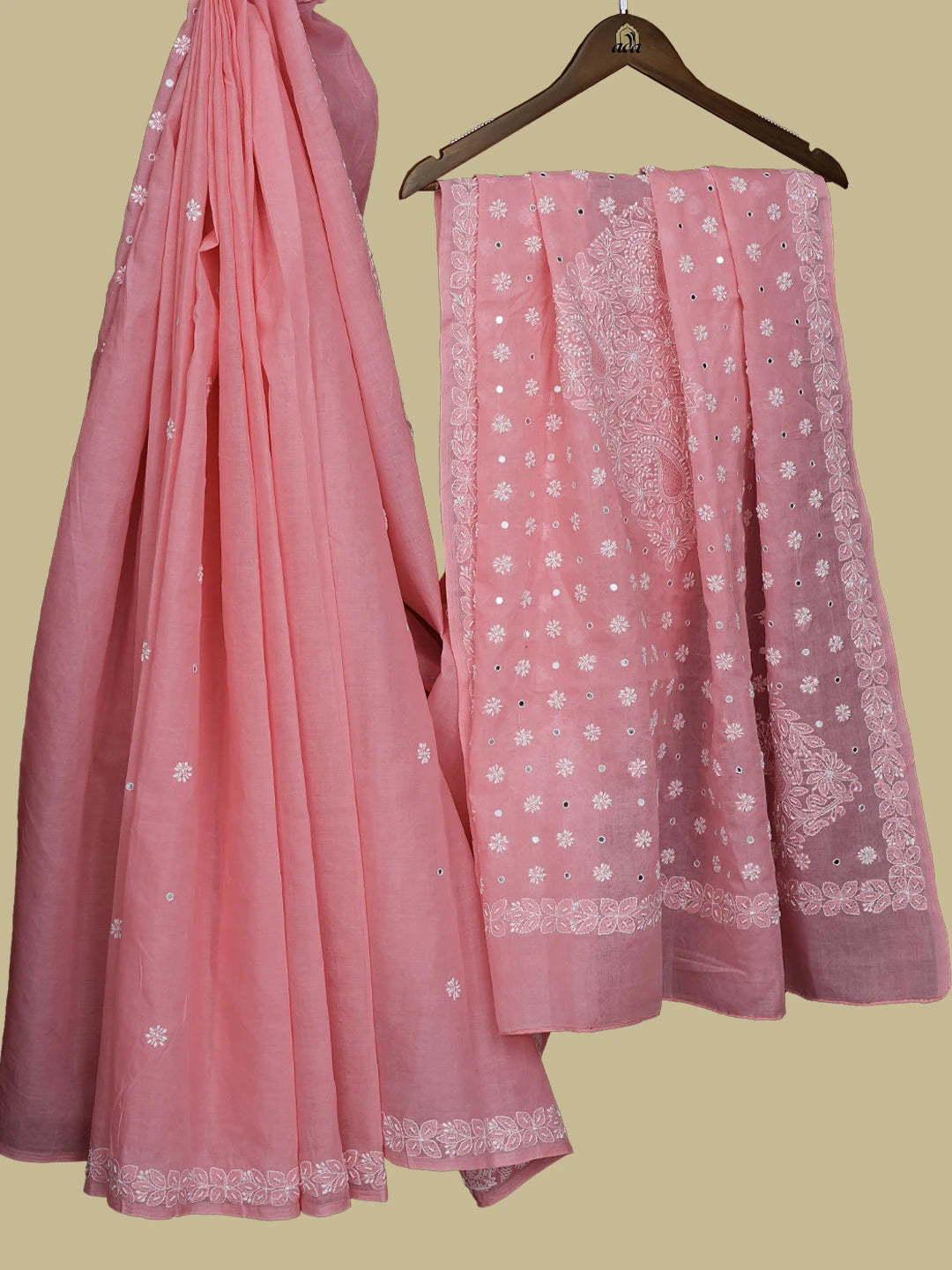 Ada Hand Embroidered Peachy Pink Cotton Lucknowi Chikankari Saree With Blouse With Pearl Work 01A584388