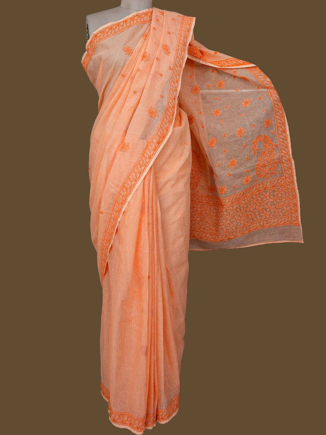 Ada Hand Embroidered Peach Kota Lucknowi Chikankari Saree With Blouse 01A778018