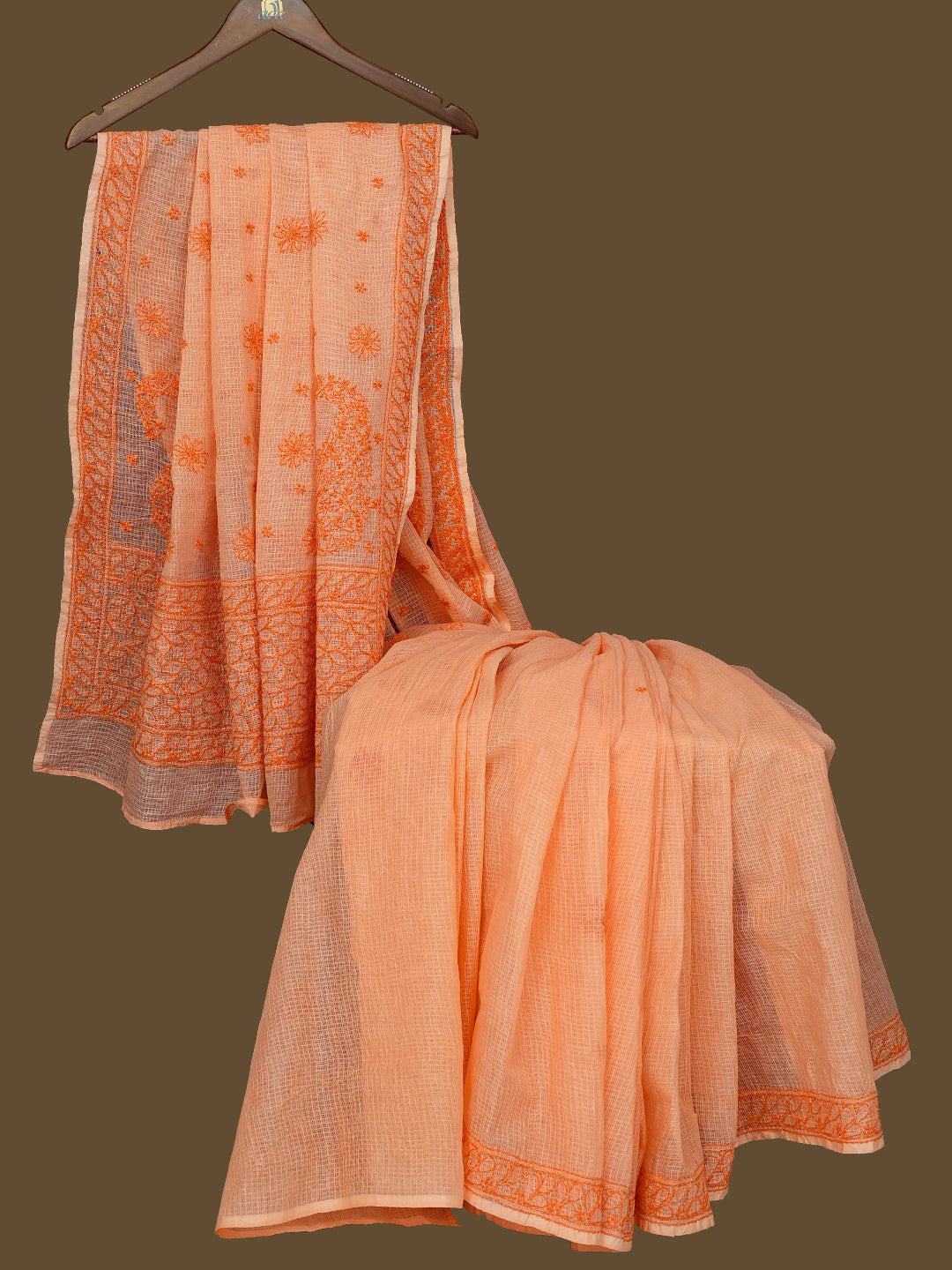Ada Hand Embroidered Peach Kota Lucknowi Chikankari Saree With Blouse 01A778018