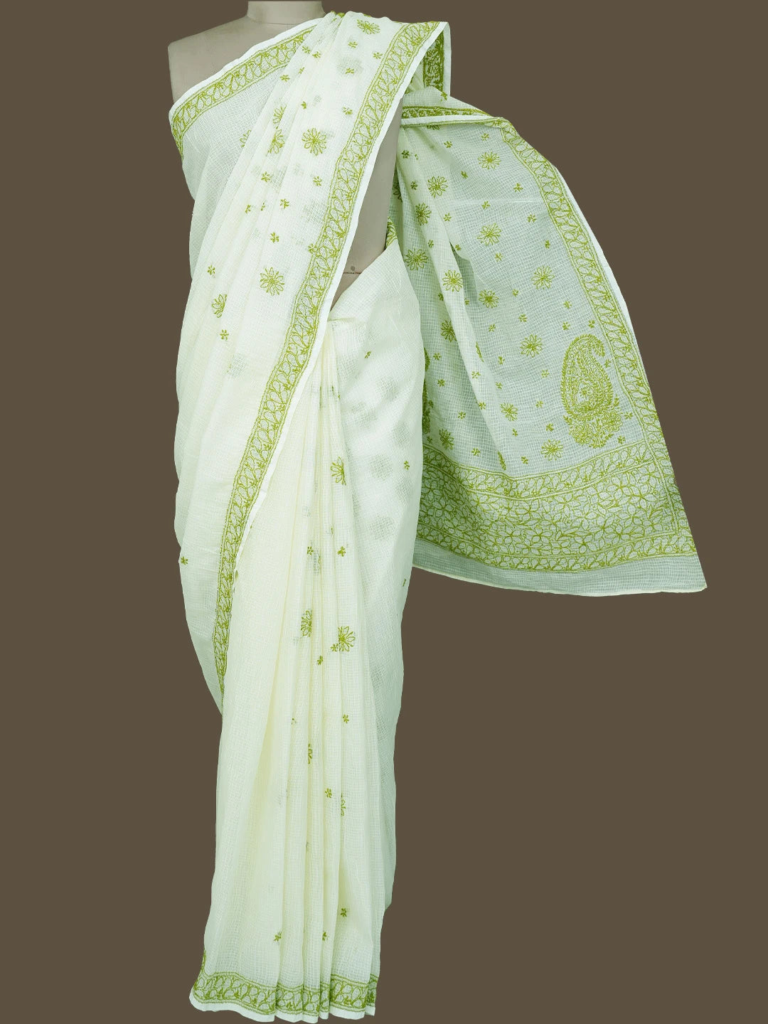 Ada Hand Embroidered Cream Kota Lucknowi Chikankari Saree With Blouse 01A778033