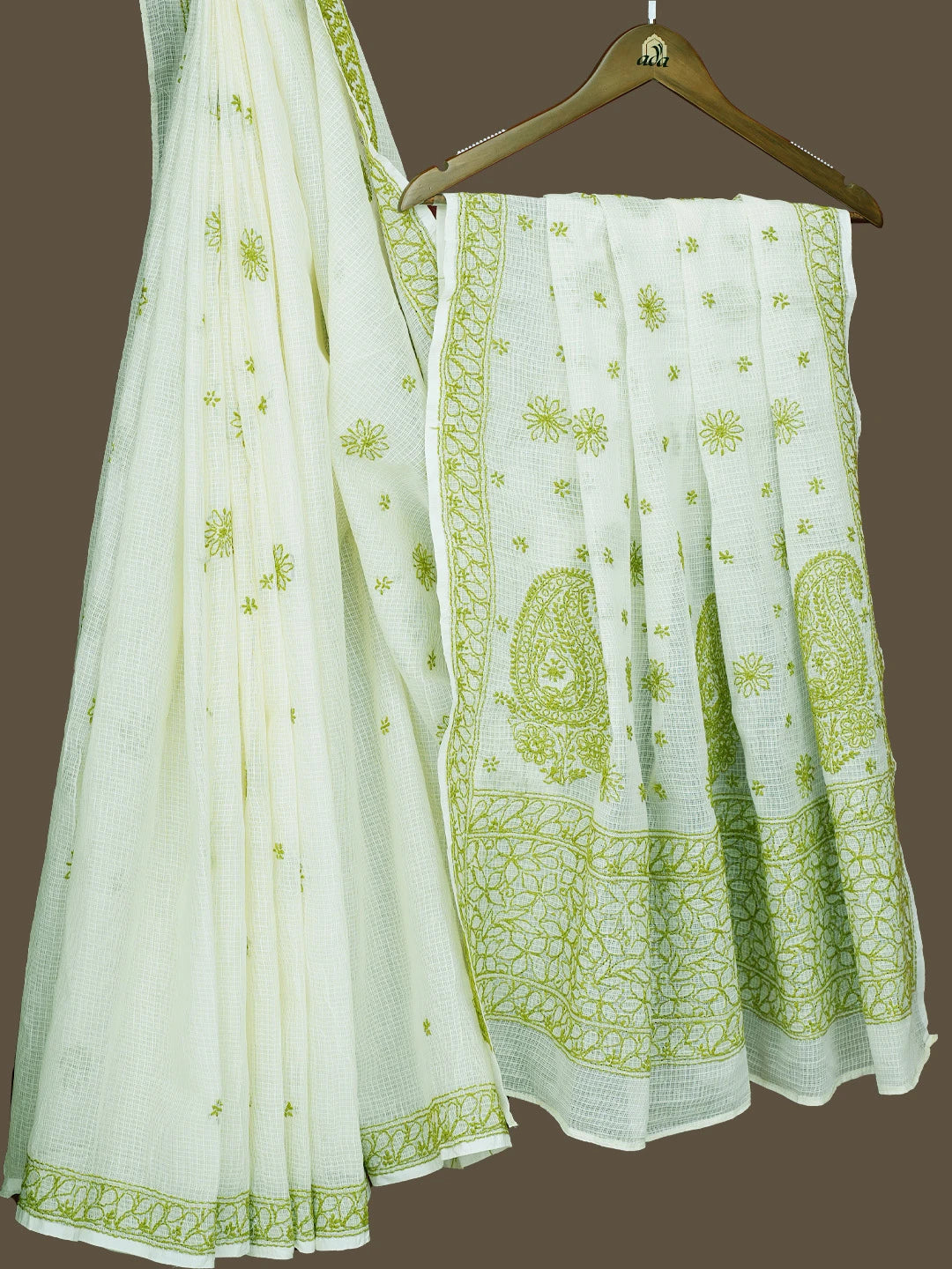Ada Hand Embroidered Cream Kota Lucknowi Chikankari Saree With Blouse 01A778033