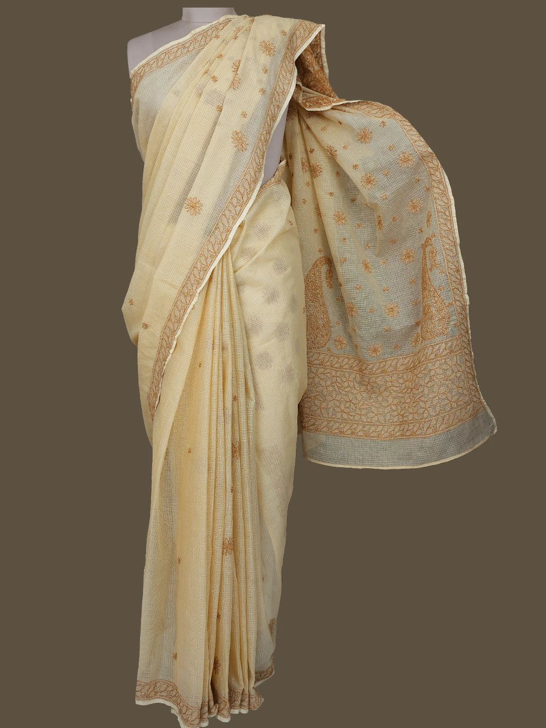 Ada Hand Embroidered Fawn Kota Lucknowi Chikankari Saree With Blouse 01A778031