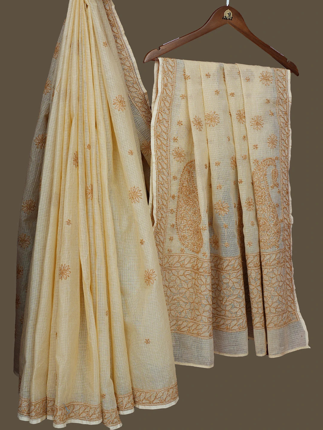 Ada Hand Embroidered Fawn Kota Lucknowi Chikankari Saree With Blouse 01A778031