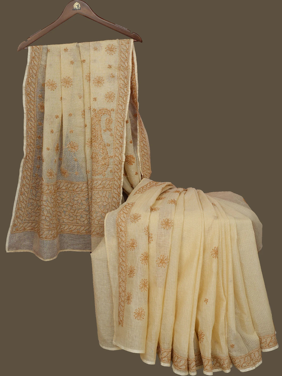 Ada Hand Embroidered Fawn Kota Lucknowi Chikankari Saree With Blouse 01A778031