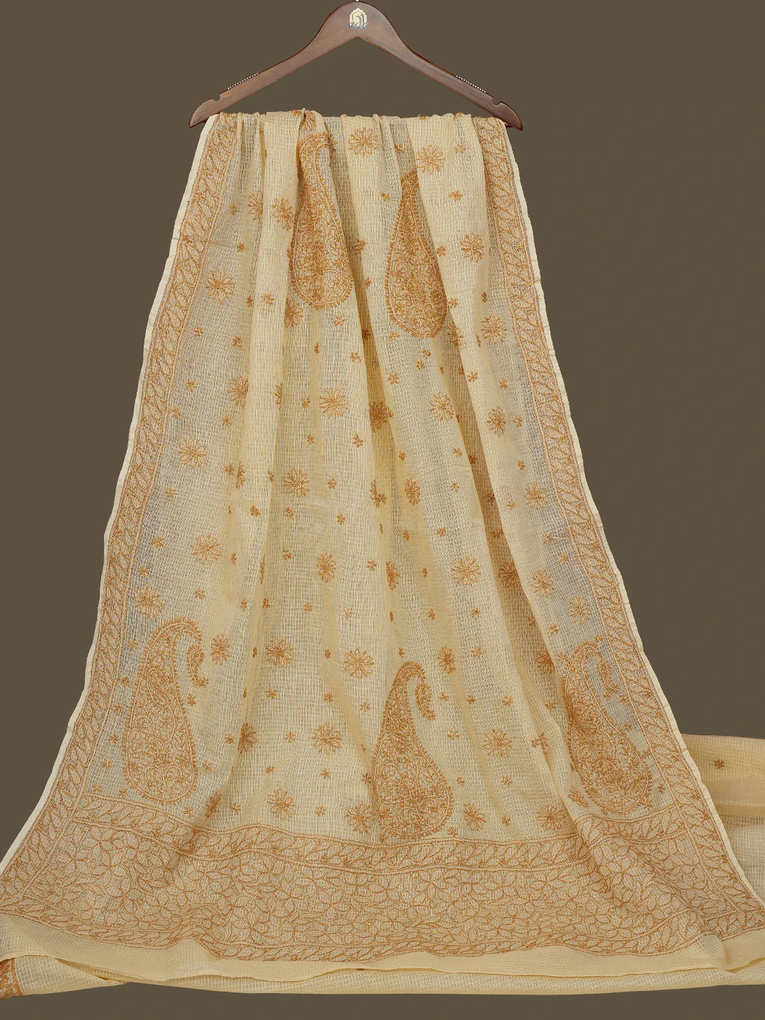Ada Hand Embroidered Fawn Kota Lucknowi Chikankari Saree With Blouse 01A778031