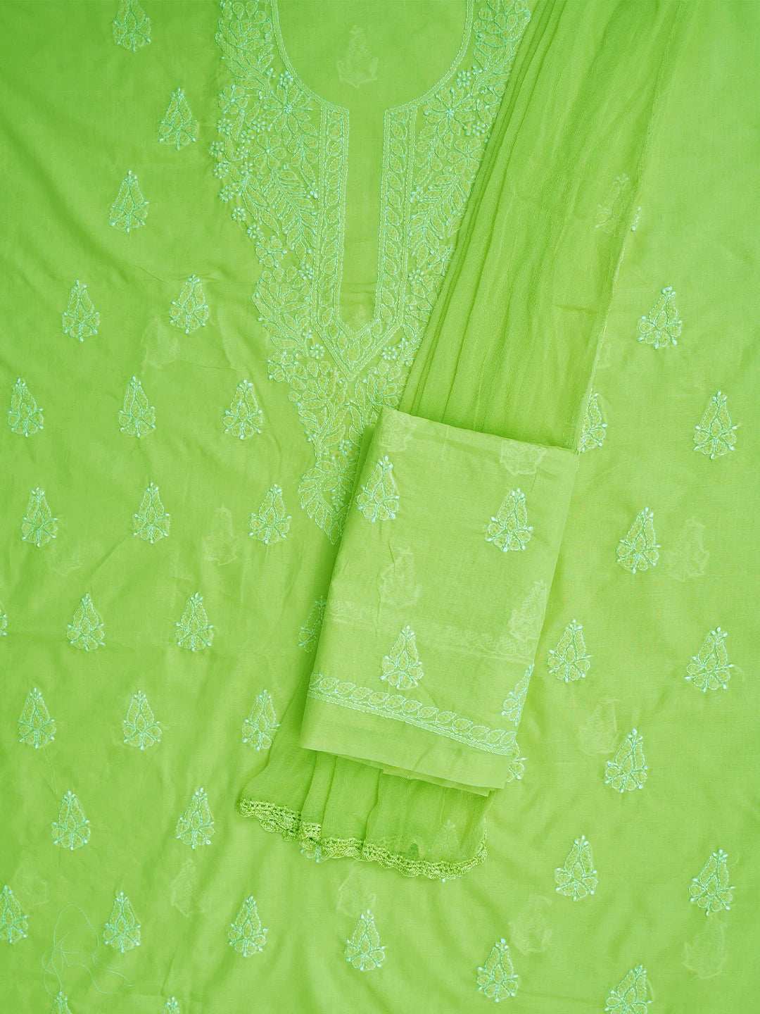 Ada Hand Embroidered Lime Green Cotton Lucknowi Chikankari Unstitched Suit Piece 01A677293