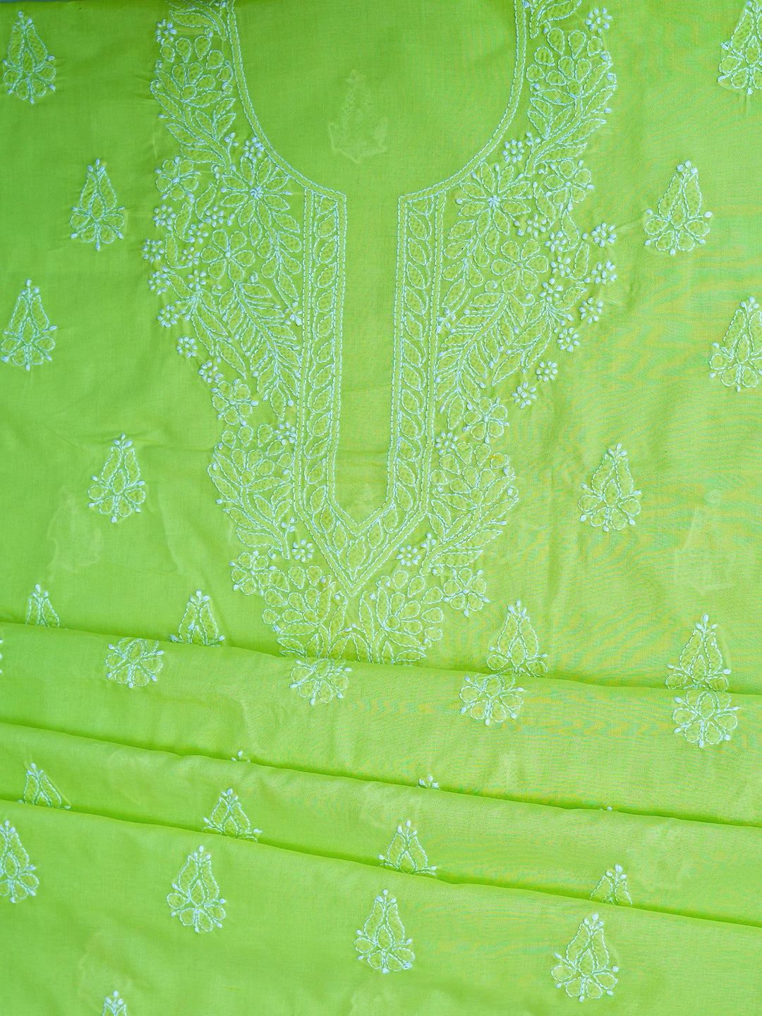 Ada Hand Embroidered Lime Green Cotton Lucknowi Chikankari Unstitched Suit Piece 01A677293