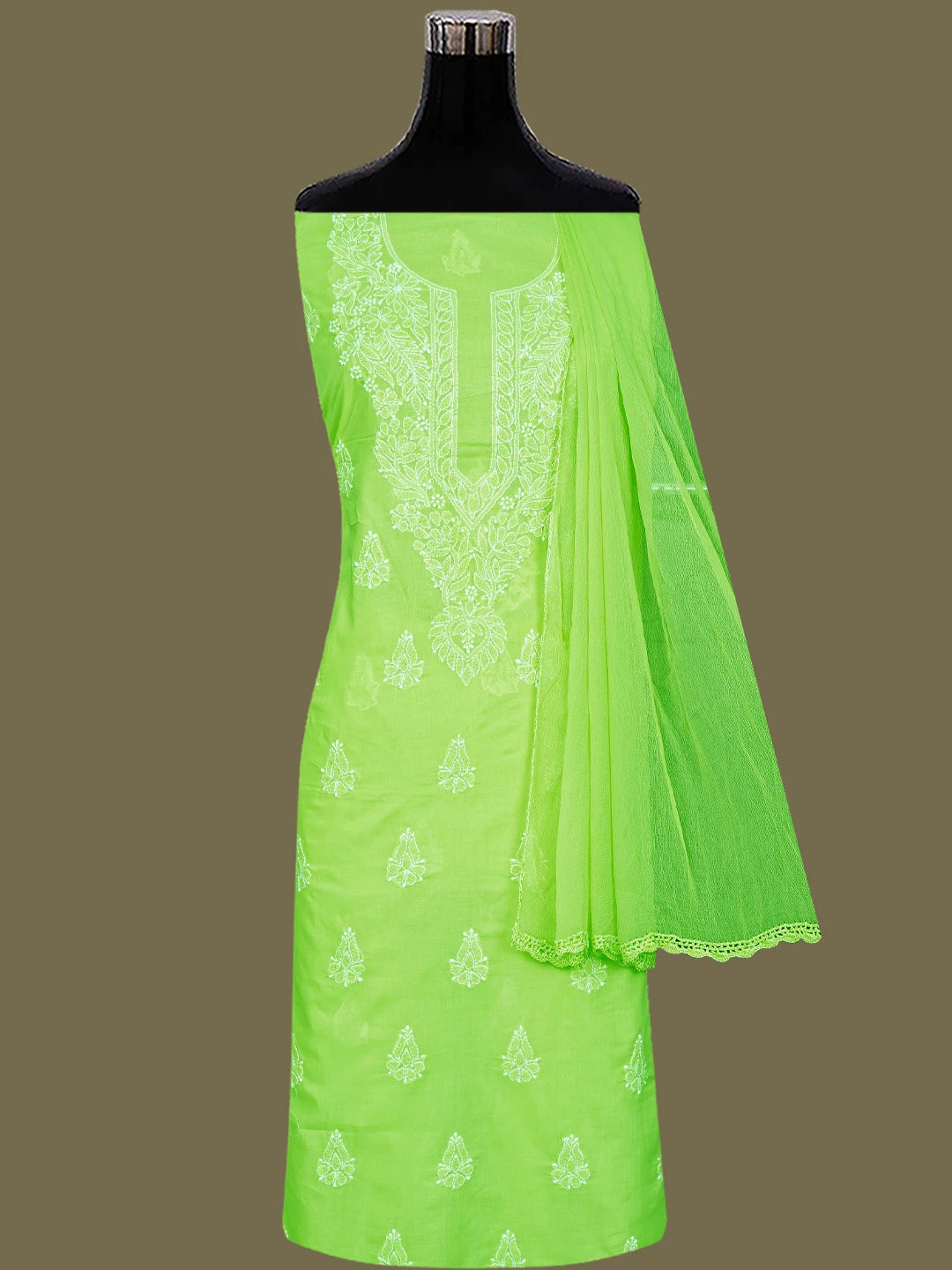 Ada Hand Embroidered Lime Green Cotton Lucknowi Chikankari Unstitched Suit Piece 01A677293
