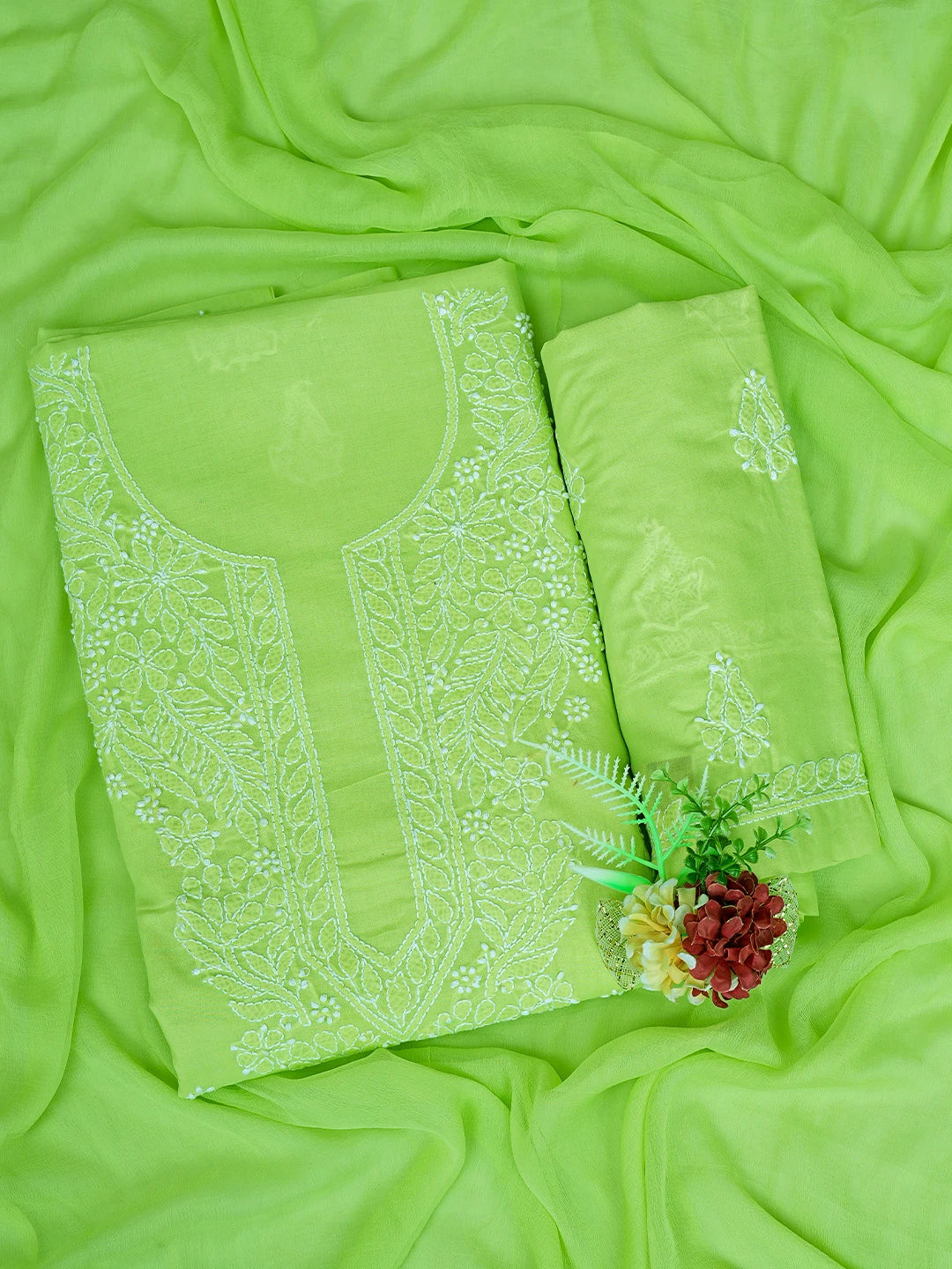 Ada Hand Embroidered Lime Green Cotton Lucknowi Chikankari Unstitched Suit Piece 01A677293