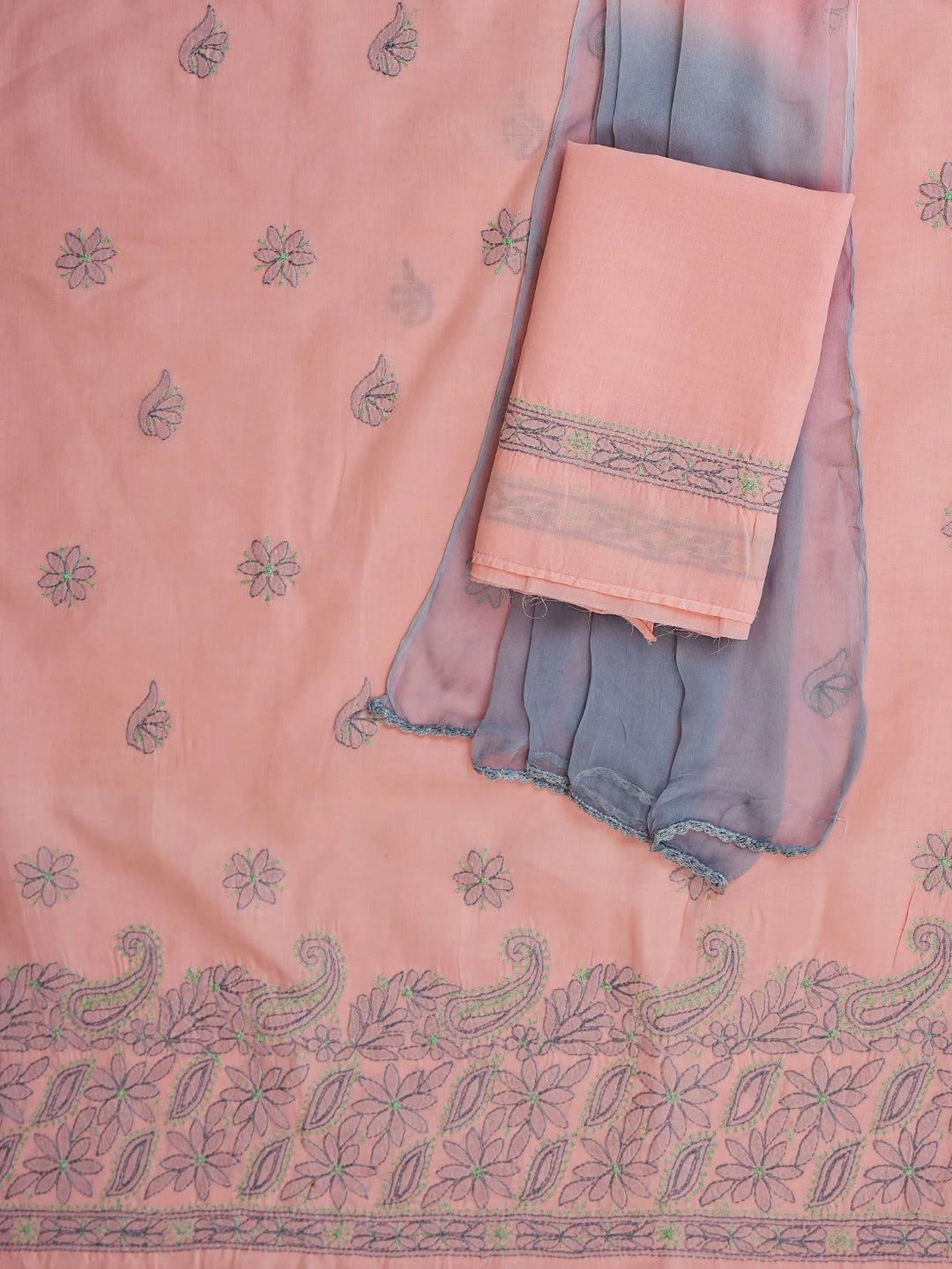 Ada Hand Embroidered Peach Cotton Lucknowi Chikankari Unstitched Suit Piece 01A659709