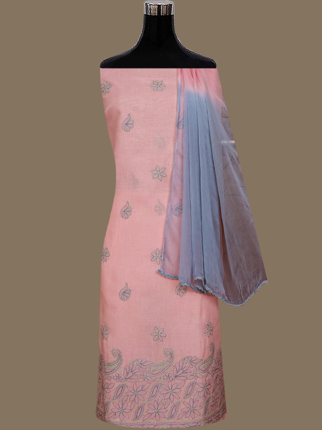 Ada Hand Embroidered Peach Cotton Lucknowi Chikankari Unstitched Suit Piece 01A659709
