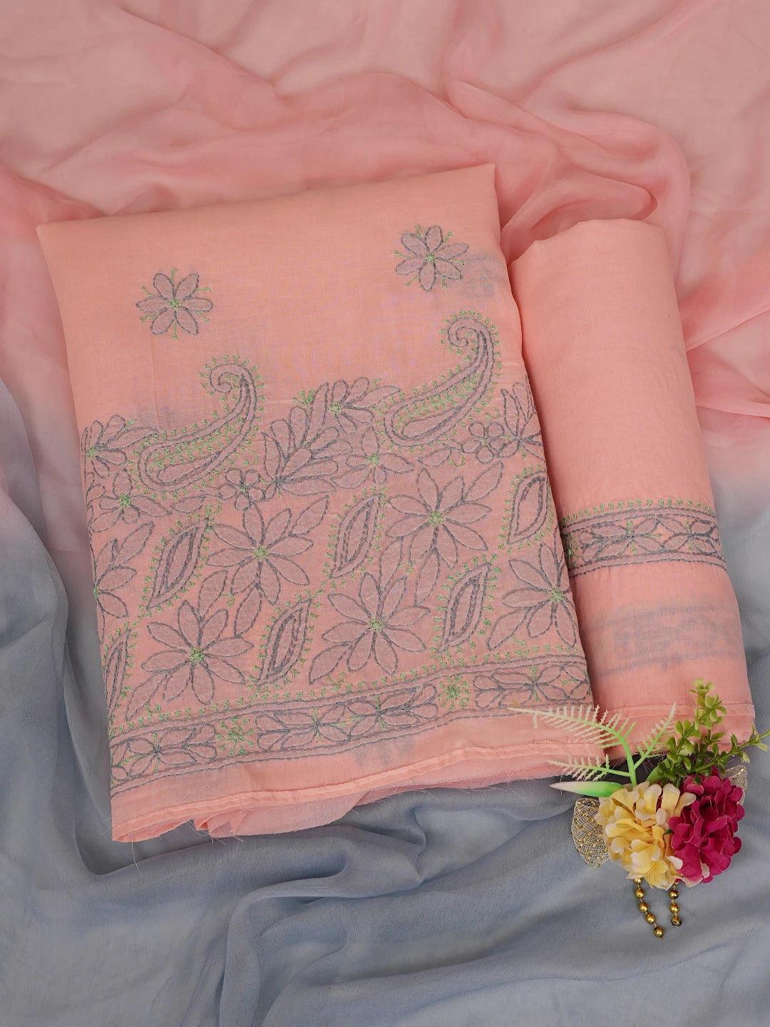 Ada Hand Embroidered Peach Cotton Lucknowi Chikankari Unstitched Suit Piece 01A659709