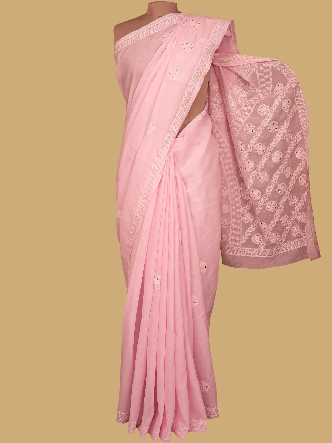 Ada Hand Embroidered Pink Cotton Lucknowi Chikankari Saree and Blouse With Muqaish Work 01A713088