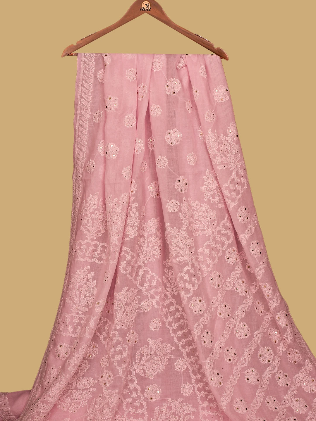 Ada Hand Embroidered Pink Cotton Lucknowi Chikankari Saree and Blouse With Muqaish Work 01A713088