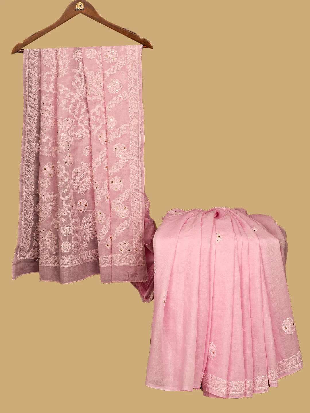 Ada Hand Embroidered Pink Cotton Lucknowi Chikankari Saree and Blouse With Muqaish Work 01A713088