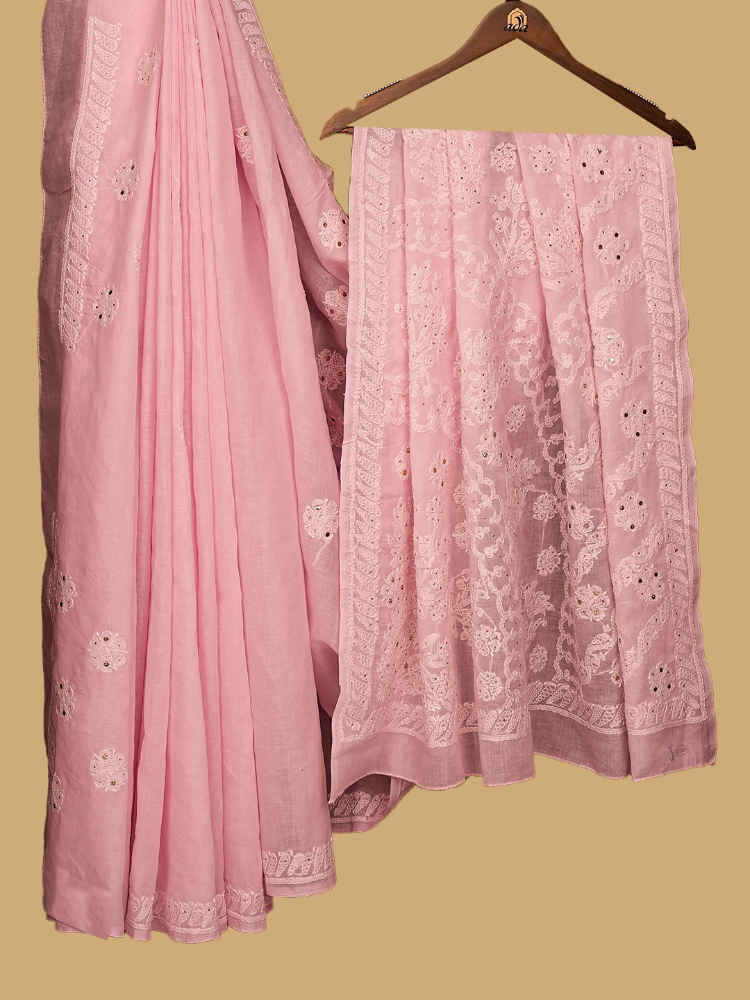 Ada Hand Embroidered Pink Cotton Lucknowi Chikankari Saree and Blouse With Muqaish Work 01A713088
