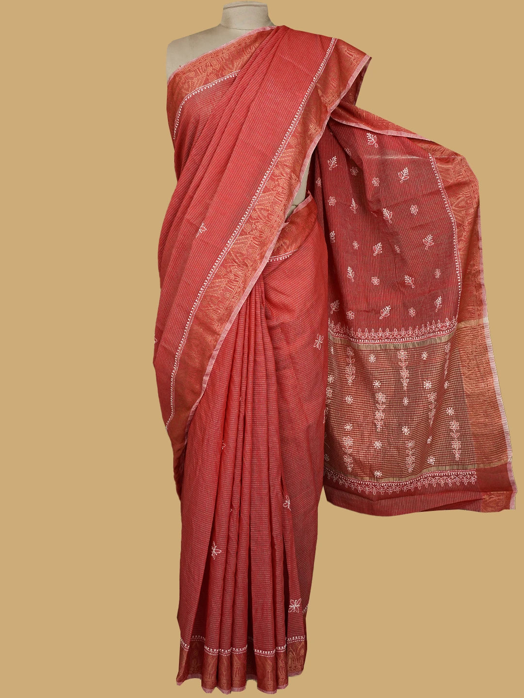 Ada Hand Embroidered Carrot Pink Chanderi Lucknowi Chikankari Saree With Blouse 01A777250