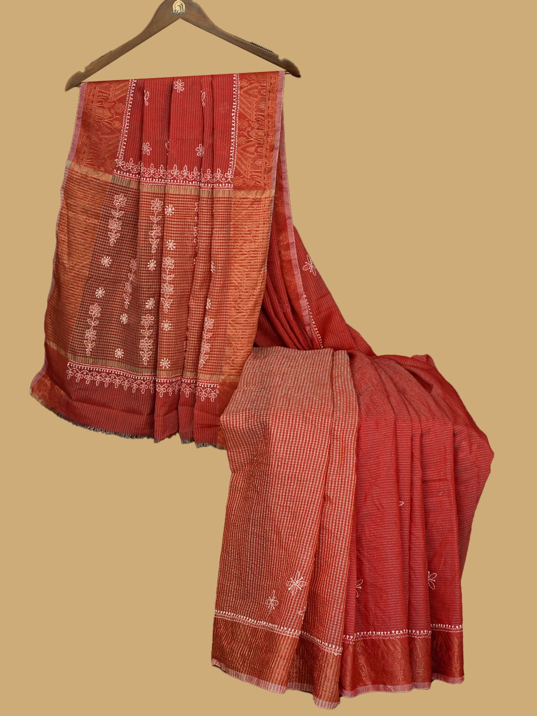 Ada Hand Embroidered Carrot Pink Chanderi Lucknowi Chikankari Saree With Blouse 01A777250