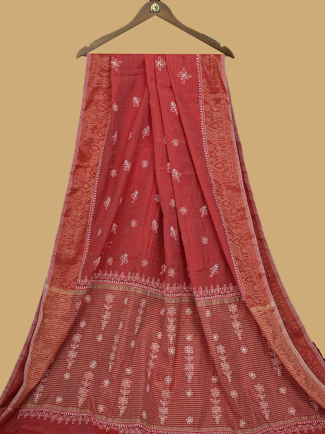 Ada Hand Embroidered Carrot Pink Chanderi Lucknowi Chikankari Saree With Blouse 01A777250