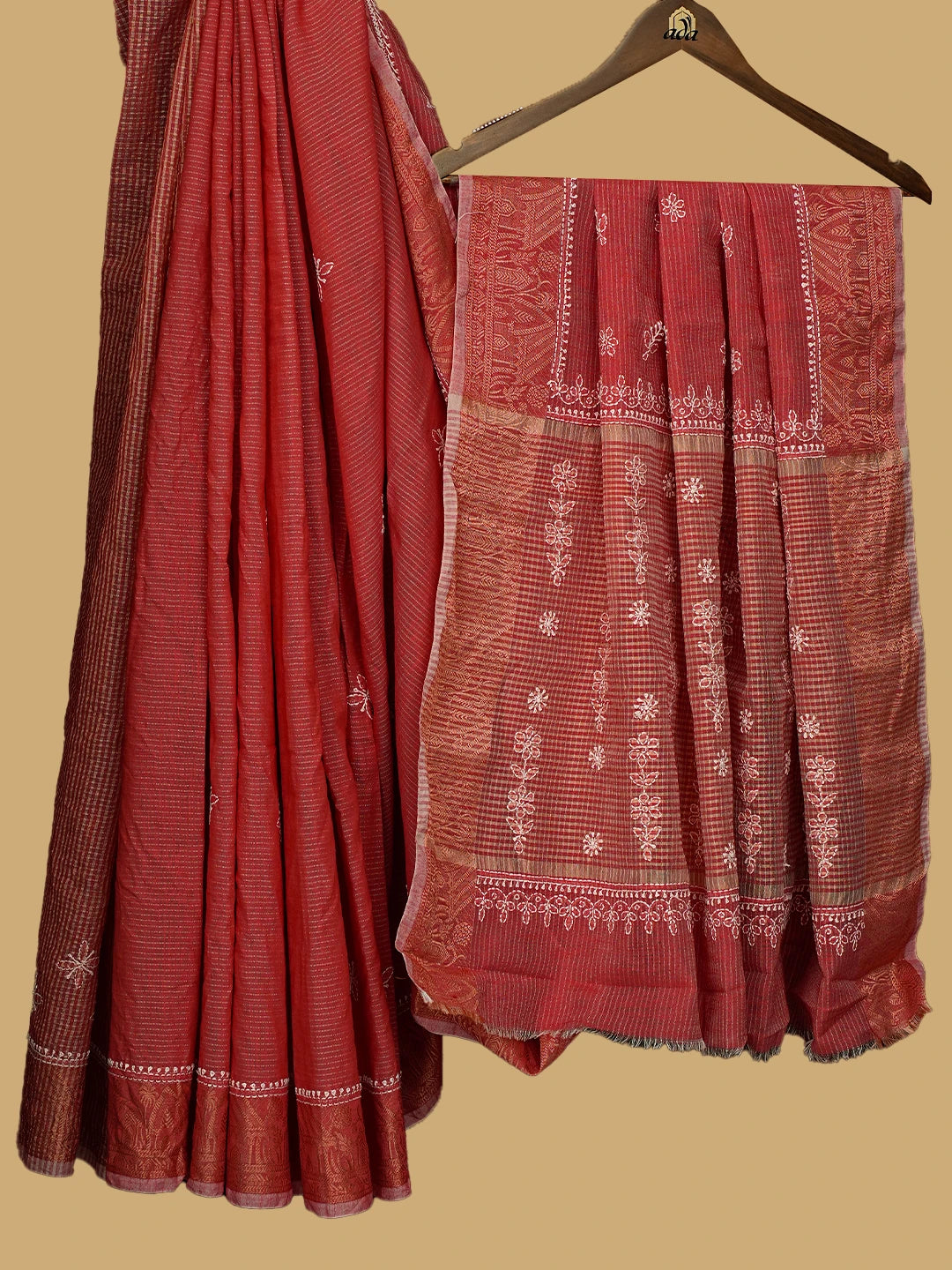 Ada Hand Embroidered Carrot Pink Chanderi Lucknowi Chikankari Saree With Blouse 01A777250