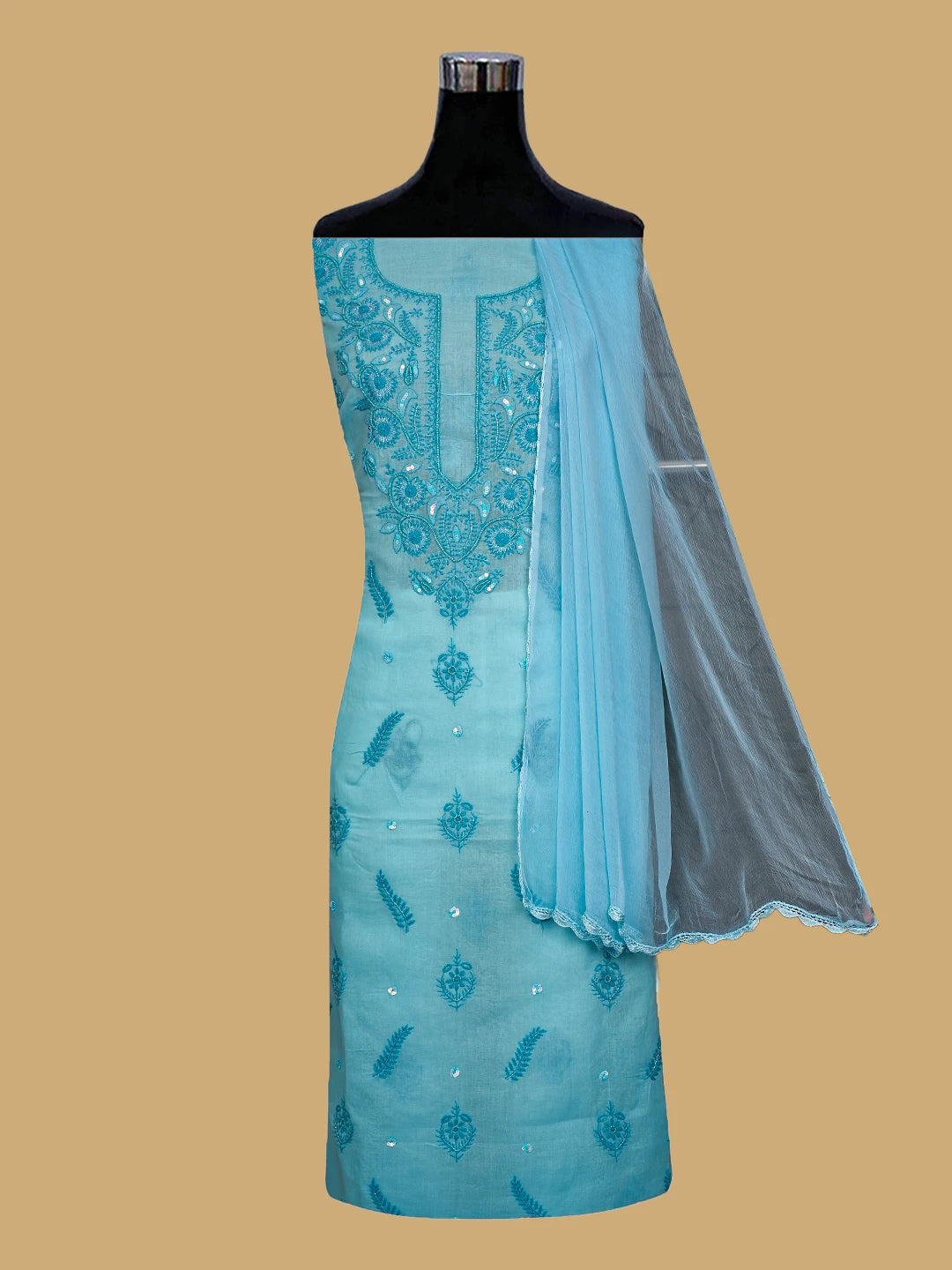 Ada Hand Embroidered Blue Cotton Lucknowi Chikankari Unstitched Suit Piece 01A791901