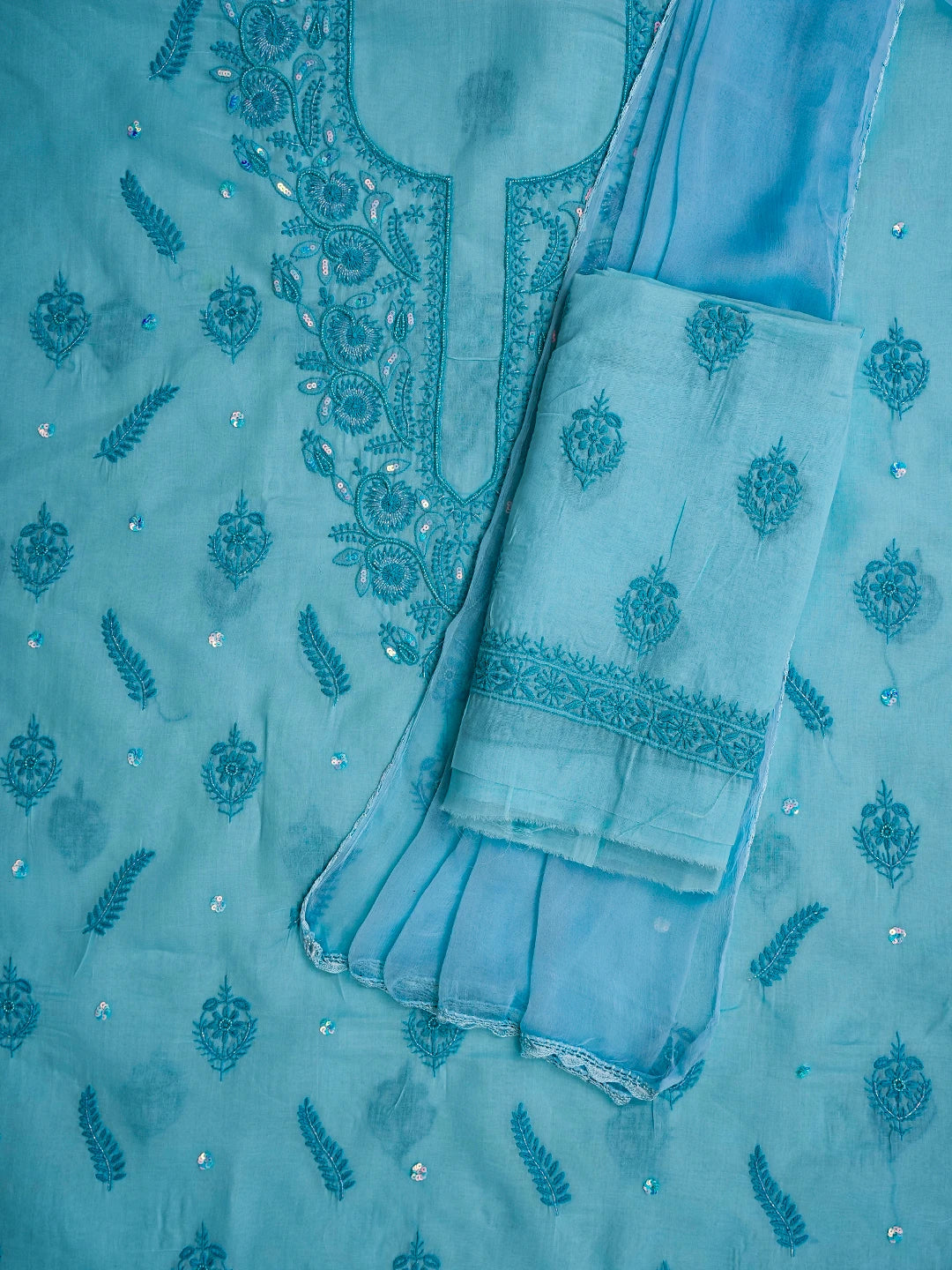 Ada Hand Embroidered Blue Cotton Lucknowi Chikankari Unstitched Suit Piece 01A791901