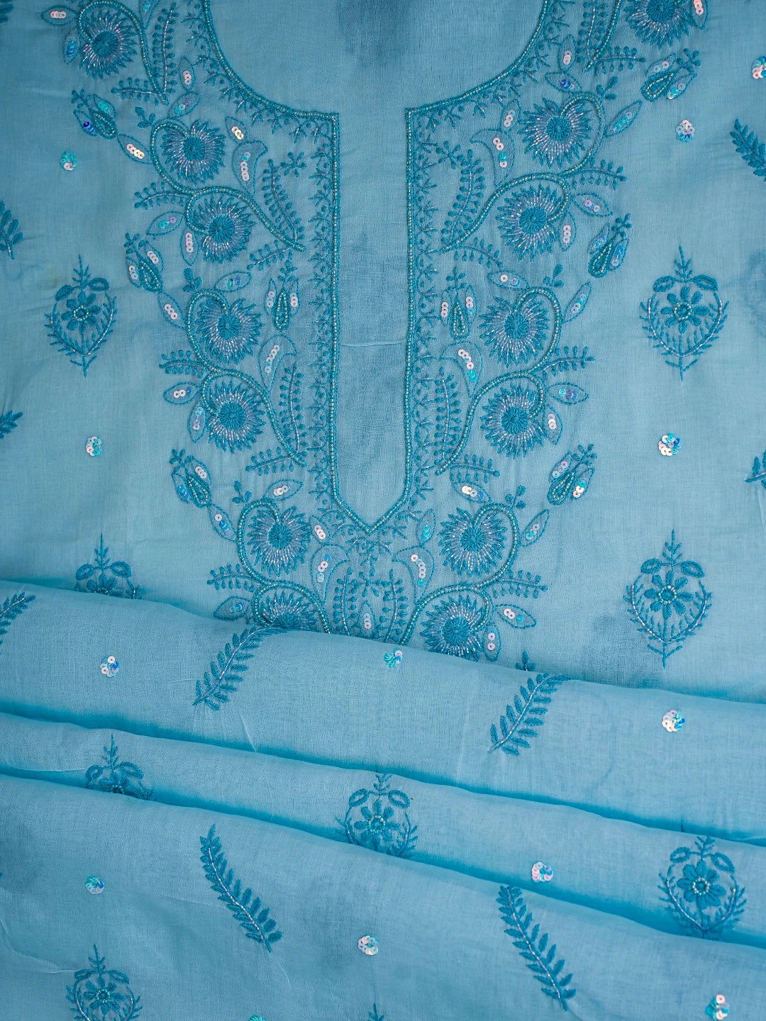 Ada Hand Embroidered Blue Cotton Lucknowi Chikankari Unstitched Suit Piece 01A791901