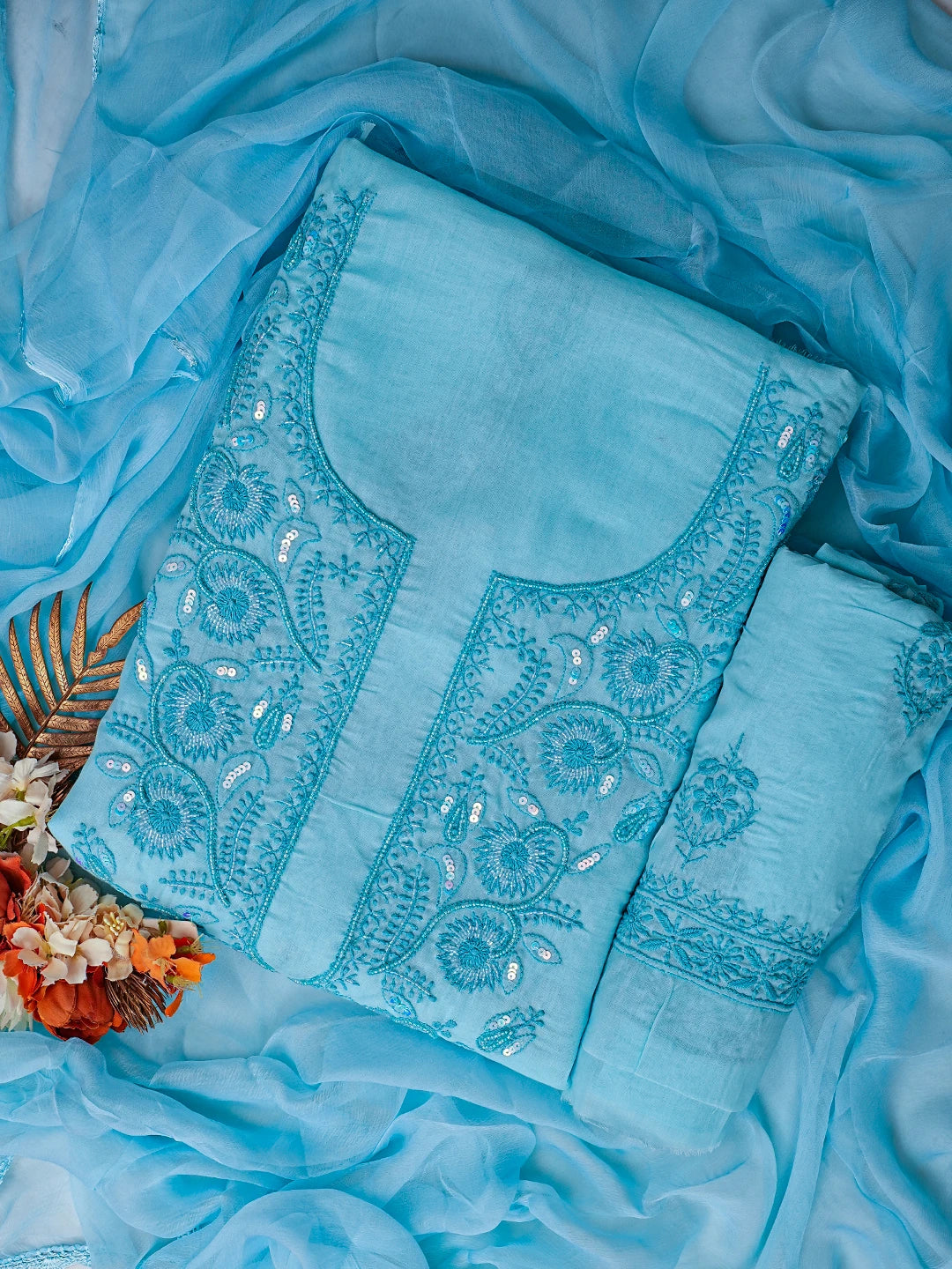 Ada Hand Embroidered Blue Cotton Lucknowi Chikankari Unstitched Suit Piece 01A791901