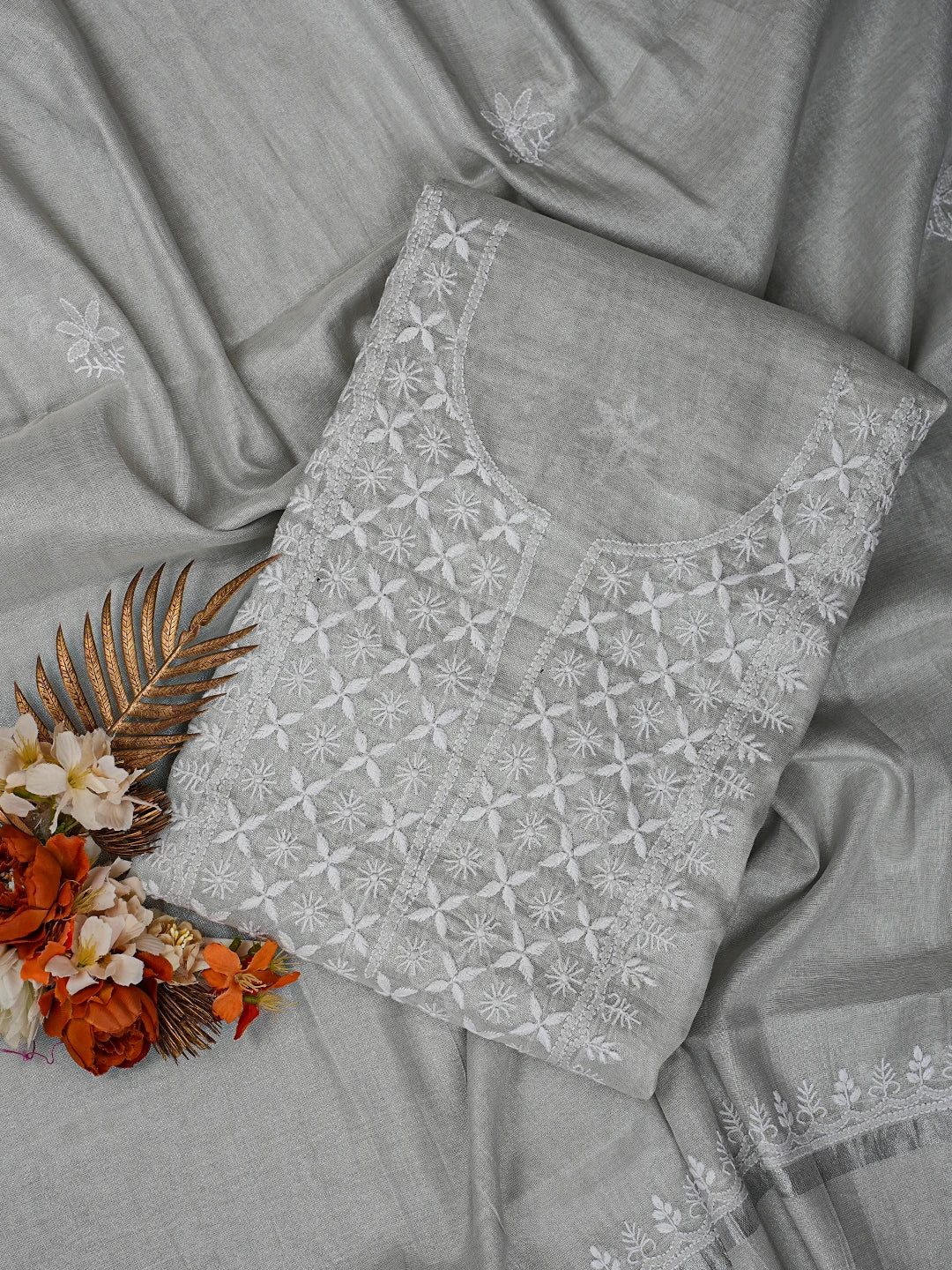 Ada Hand Embroidered Grey Tissue Lucknowi Chikankari Unstitched Kurta Dupatta Set 01A788958