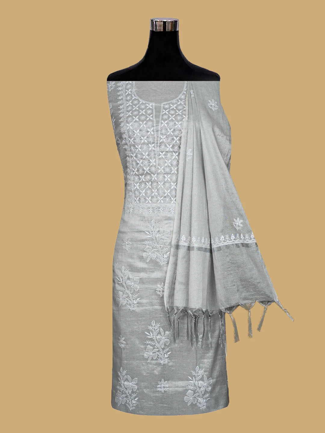 Ada Hand Embroidered Grey Tissue Lucknowi Chikankari Unstitched Kurta Dupatta Set 01A788958
