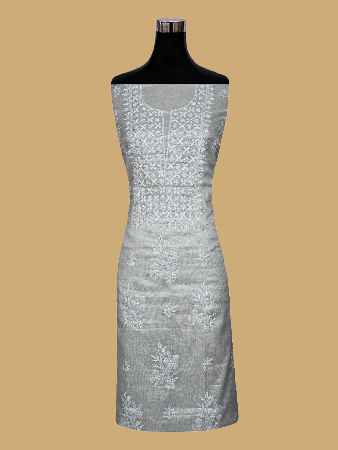 Ada Hand Embroidered Grey Tissue Lucknowi Chikankari Unstitched Kurta Dupatta Set 01A788958