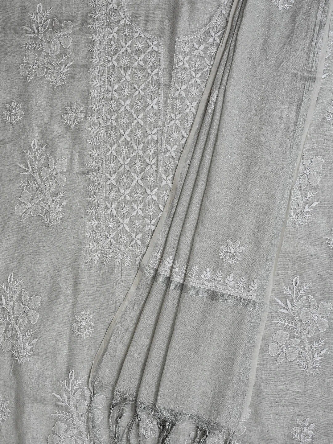 Ada Hand Embroidered Grey Tissue Lucknowi Chikankari Unstitched Kurta Dupatta Set 01A788958
