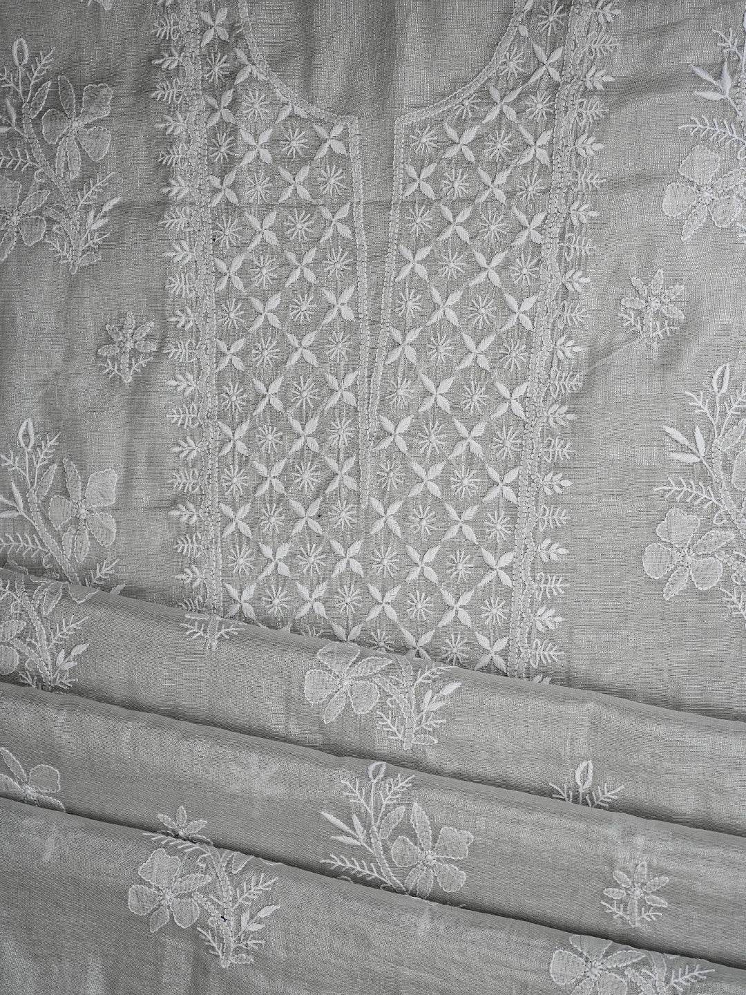 Ada Hand Embroidered Grey Tissue Lucknowi Chikankari Unstitched Kurta Dupatta Set 01A788958