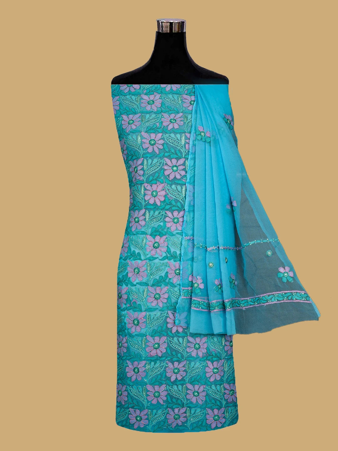 Ada Hand Embroidered Blue Georgette Lucknowi Chikankari Unstitched Suit Piece 01A779869