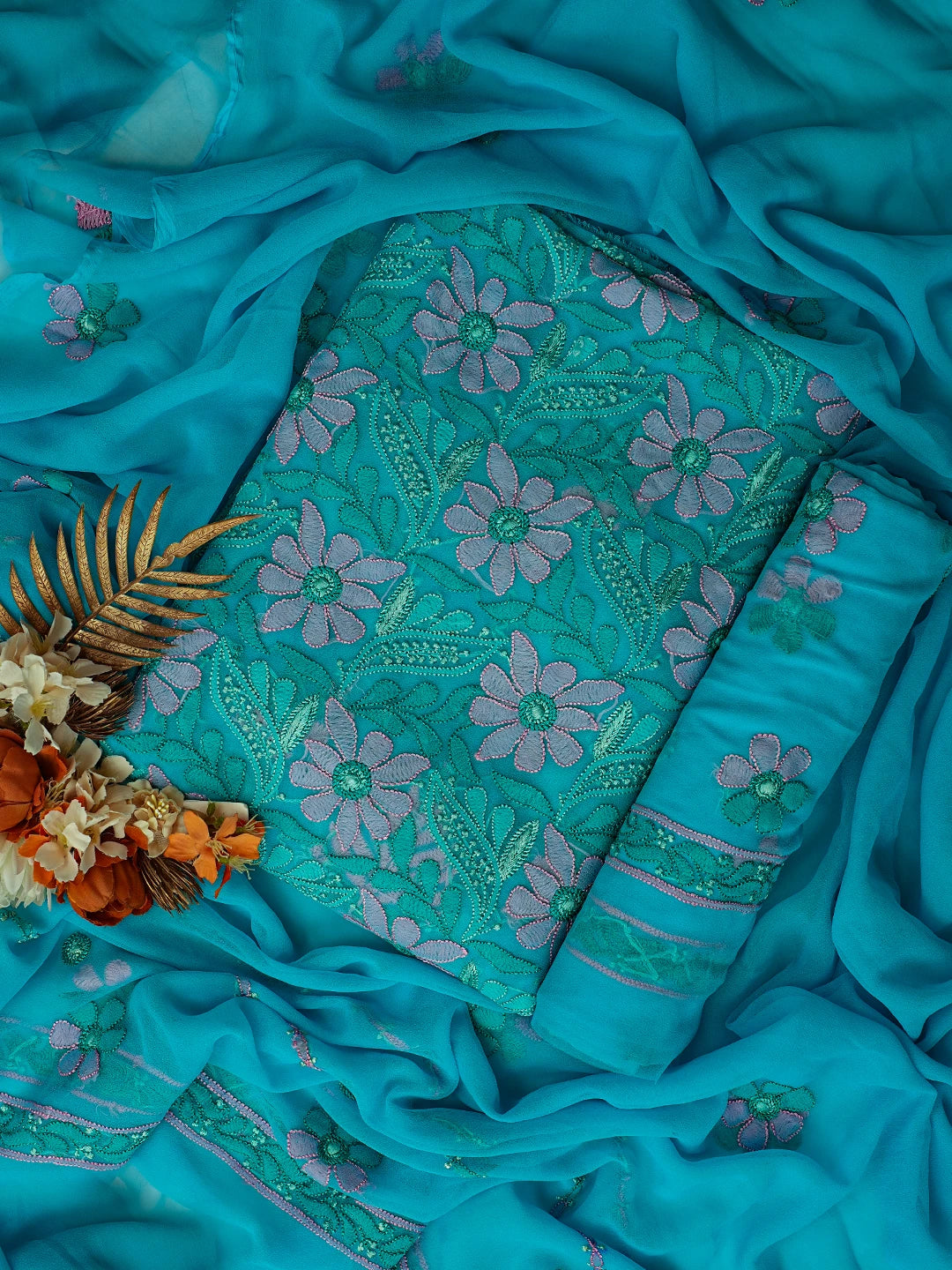 Ada Hand Embroidered Blue Georgette Lucknowi Chikankari Unstitched Suit Piece 01A779869