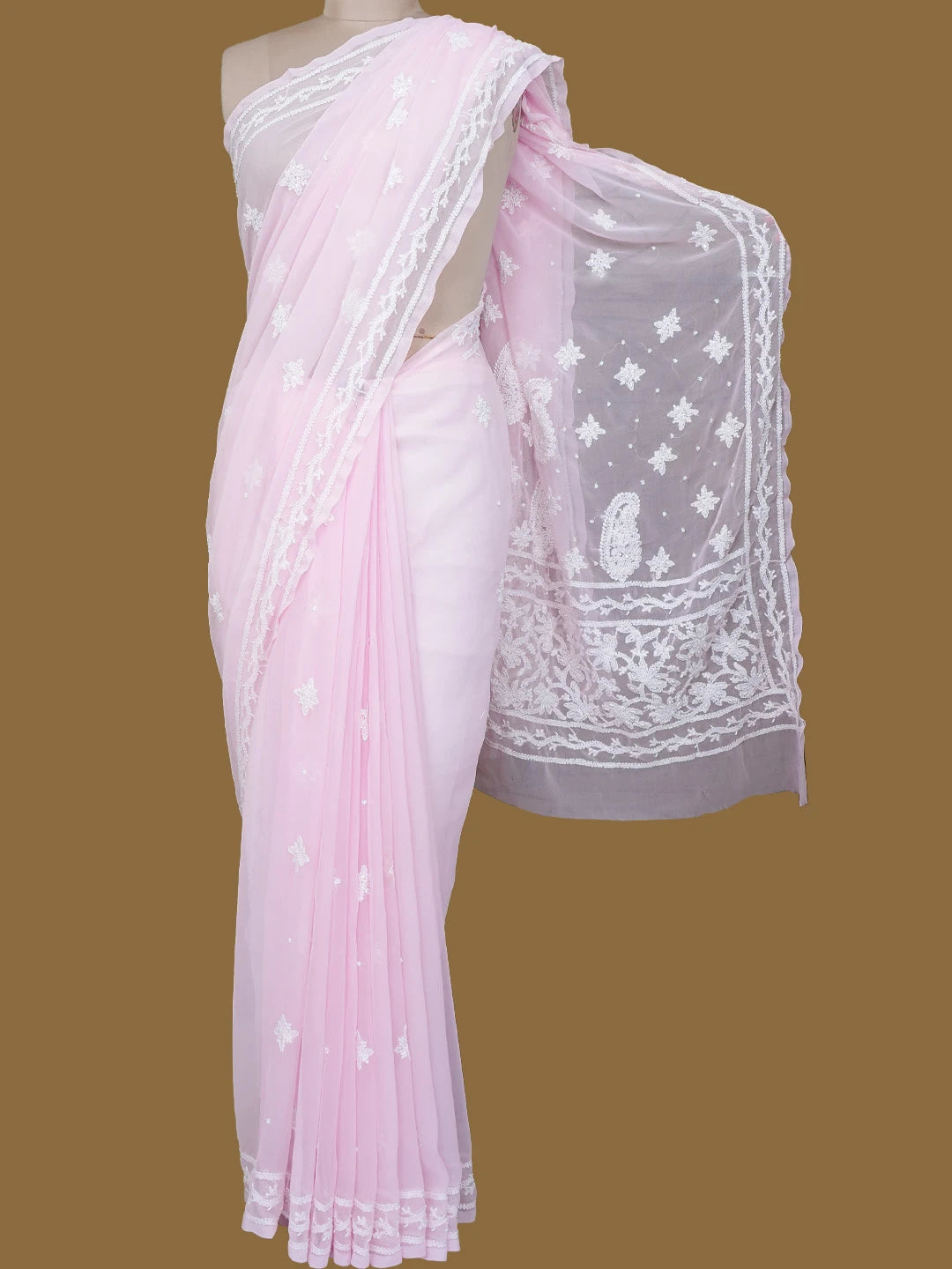 Ada Hand Embroidered Pink Georgette Lucknowi Chikankari Saree and Blouse With Pearl Work 01A737338