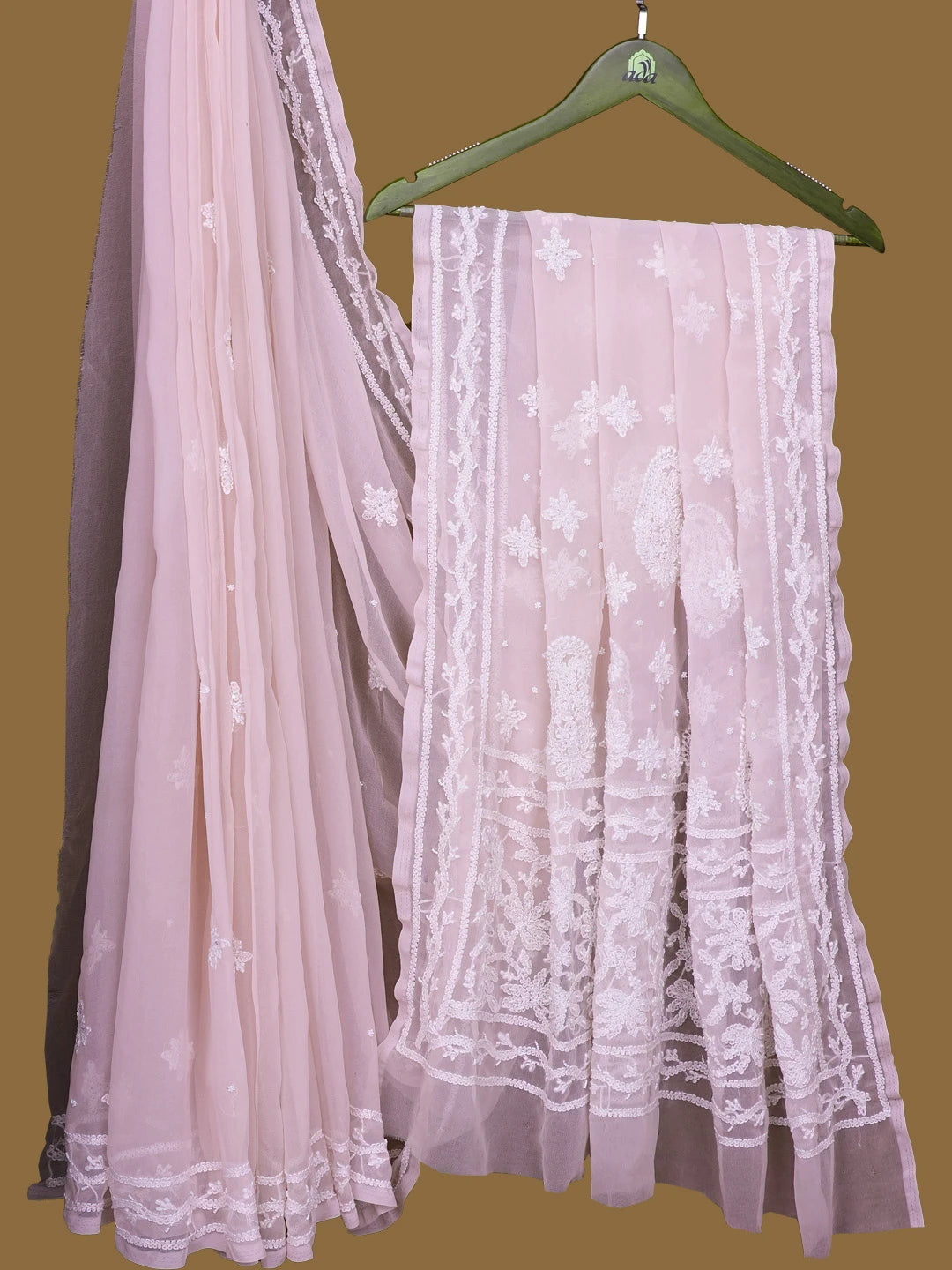 Ada Hand Embroidered Pink Georgette Lucknowi Chikankari Saree and Blouse With Pearl Work 01A737338
