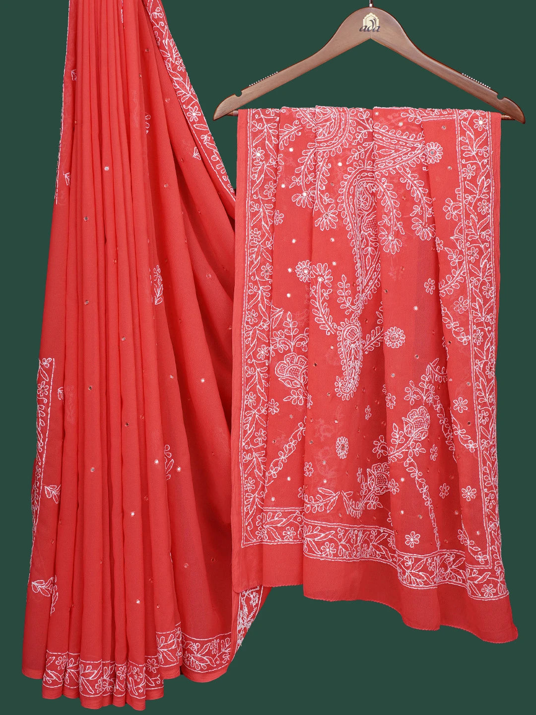Ada Hand Embroidered Coral Red Georgette Lucknowi Chikankari Saree and Blouse With Mirror Work 01A38665