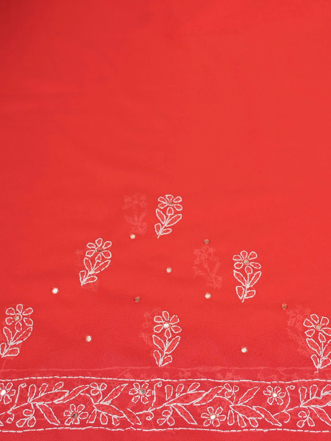 Ada Hand Embroidered Coral Red Georgette Lucknowi Chikankari Saree and Blouse With Mirror Work 01A38665
