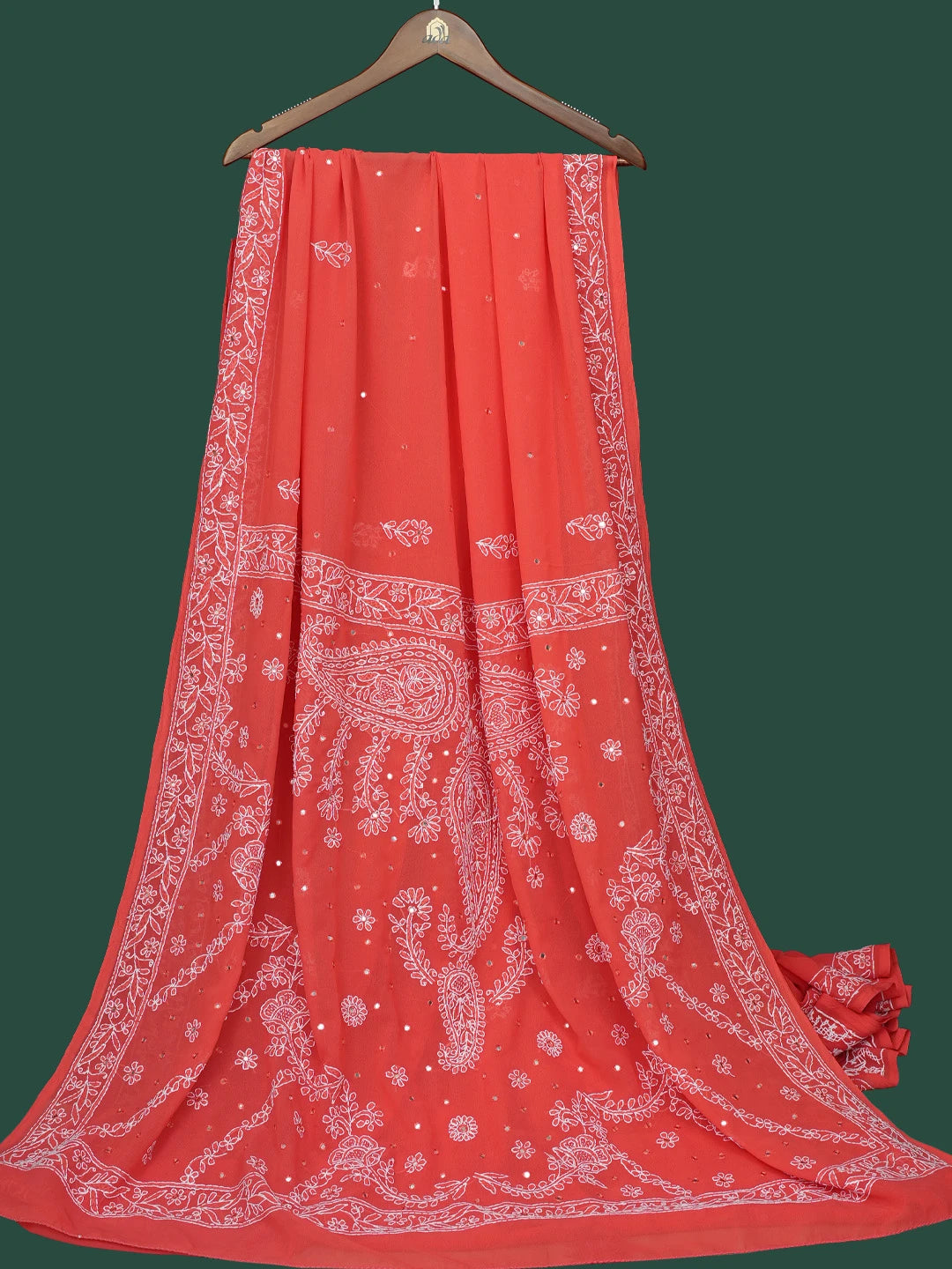 Ada Hand Embroidered Coral Red Georgette Lucknowi Chikankari Saree and Blouse With Mirror Work 01A38665