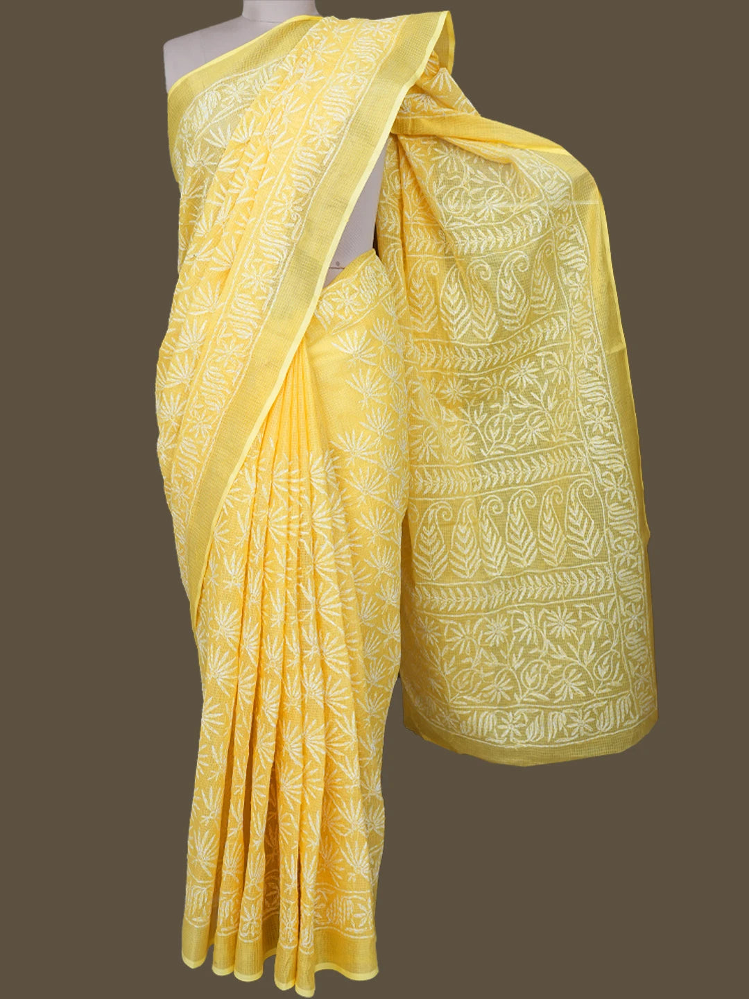 Ada Hand Embroidered Yellow Kota Lucknowi Chikankari Saree and Blouse 01A767521
