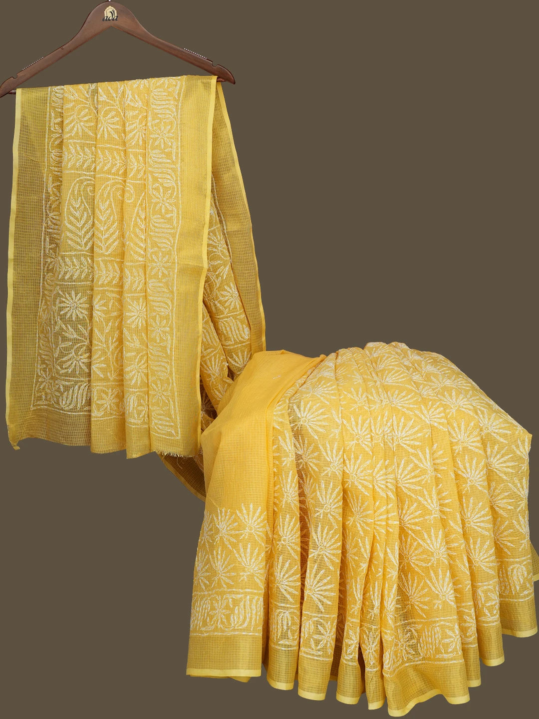 Ada Hand Embroidered Yellow Kota Lucknowi Chikankari Saree and Blouse 01A767521