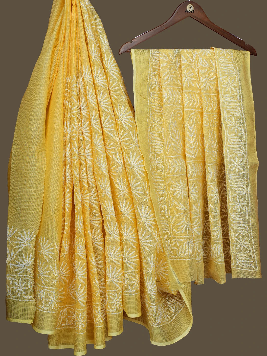 Ada Hand Embroidered Yellow Kota Lucknowi Chikankari Saree and Blouse 01A767521