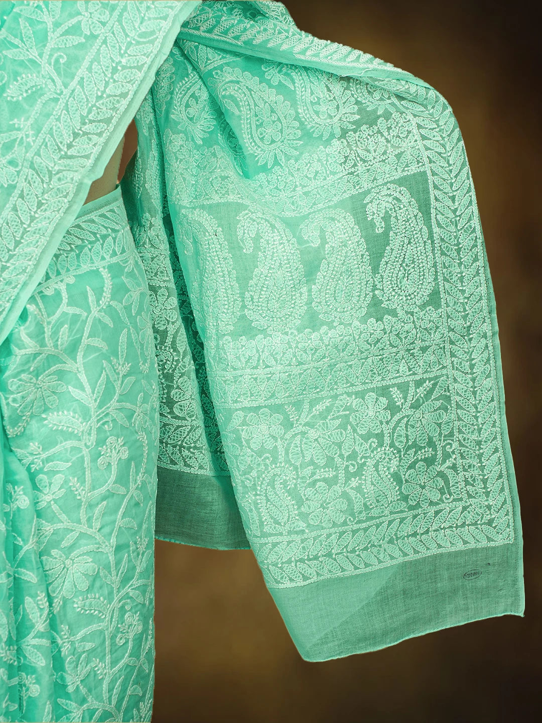 Ada Hand Embroidered Sea Green Cotton Lucknowi Chikankari Saree and Blouse 01A787673